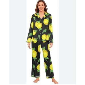 Pj Sleepwear Top Pants Set Yellow Lemon Tropical Fruit Button Down